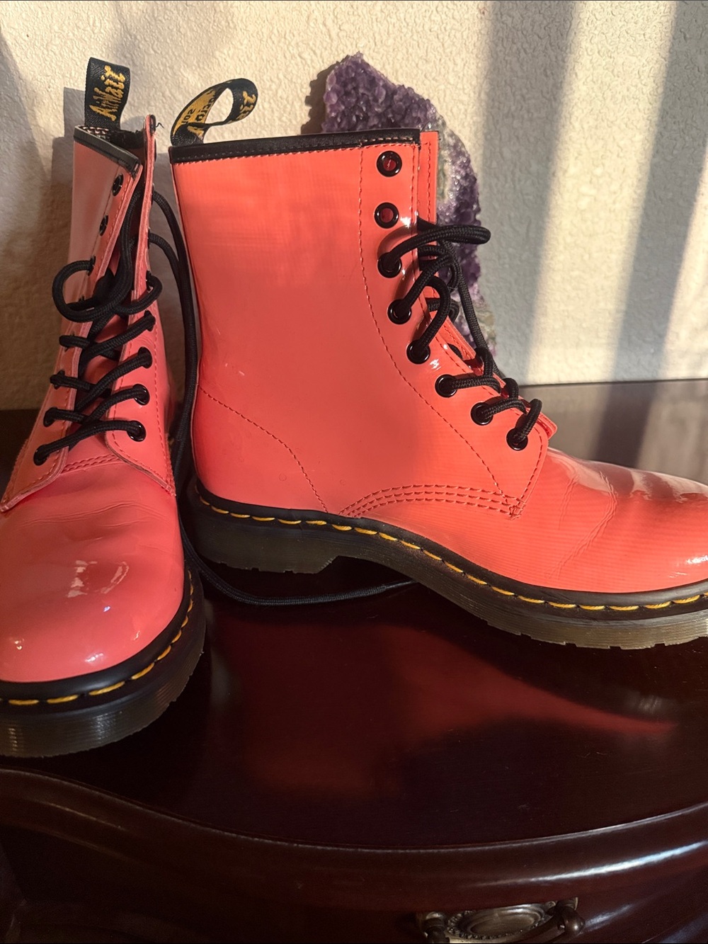 Dr. Martens Coral Patent Lace-Up Boots with Black Trim